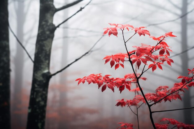 Foto un día de niebla en el bosque rodeado de hojas rojas