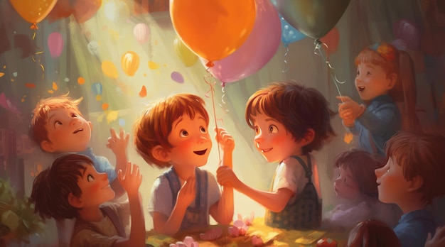Día del niño Una ilustración infantil de niños celebrando un cumpleaños con globos.