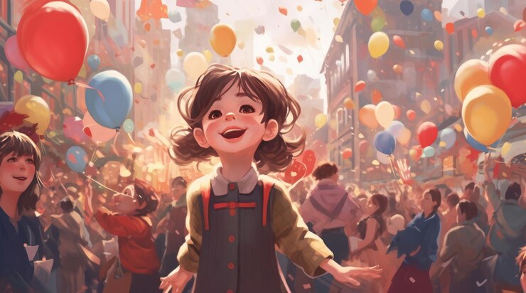 Día del niño Una niña en una multitud de globos.