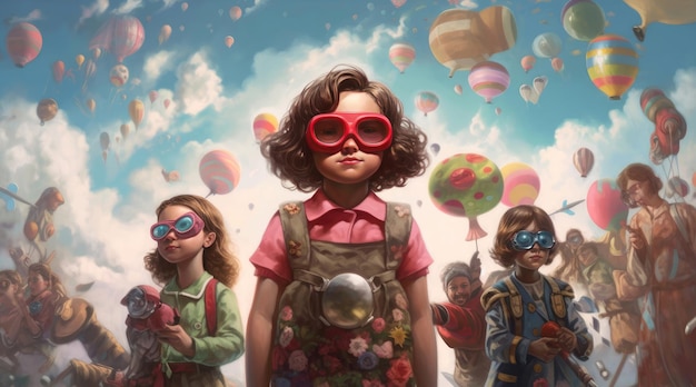 Día del niño Una pintura de una niña con gafas de sol rojas se encuentra frente a un cielo lleno de globos.