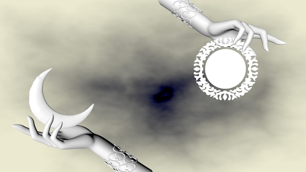 Día y noche, el sol y la luna en manos de mujeres. Representación 3D