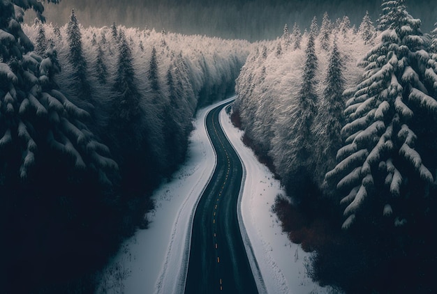 En un día nublado, un camino atraviesa un bosque cubierto de nieve.