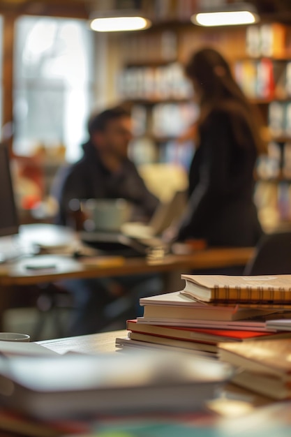 Foto un día ocupado en la oficina borrado detrás de una pila de libros