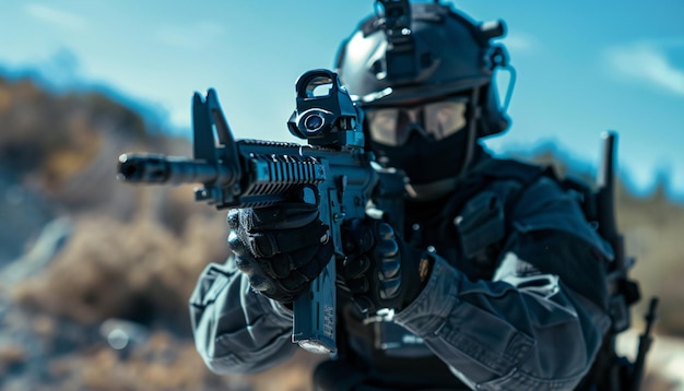 Foto durante el día un oficial de swat está en entrenamiento en un campo de tiro al aire libre