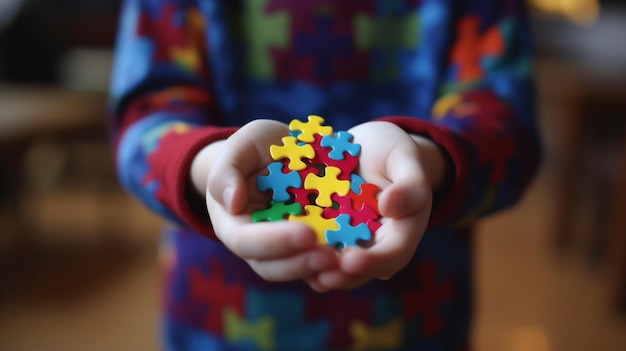 Día del orgullo autista Un niño con un colorido rompecabezas en la mano IA generativa