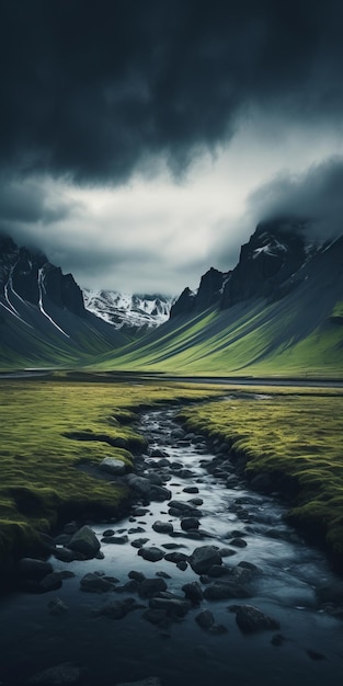 Día oscuro en Islandia Foto de paisaje con corriente