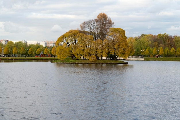 Día de otoño en el parque con reflejo de árboles en el agua