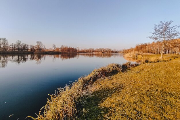 Día de otoño vivo. Paisaje de otoño sobre el río con césped brillante en la orilla. Naturaleza escénica en la noche brillante con agua y cielo colorido