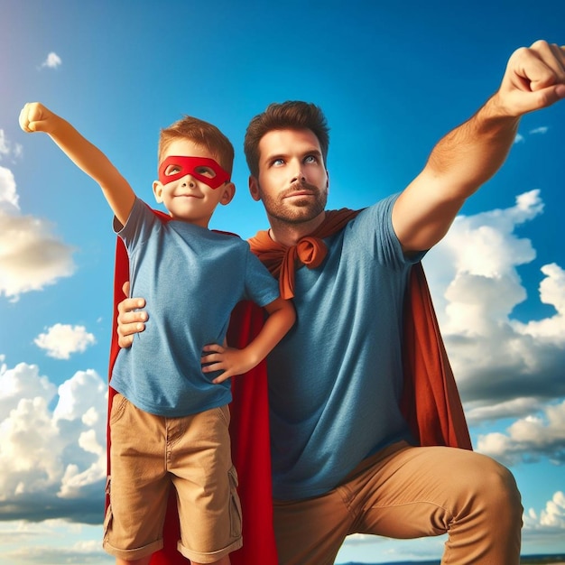 Foto día del padre padre e hijo fingiendo ser superhéroes gente divirtiéndose juntos