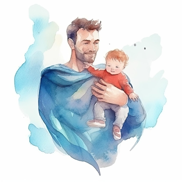 Día del padre Padre con hijo acuarela Ilustración AI GenerativexA