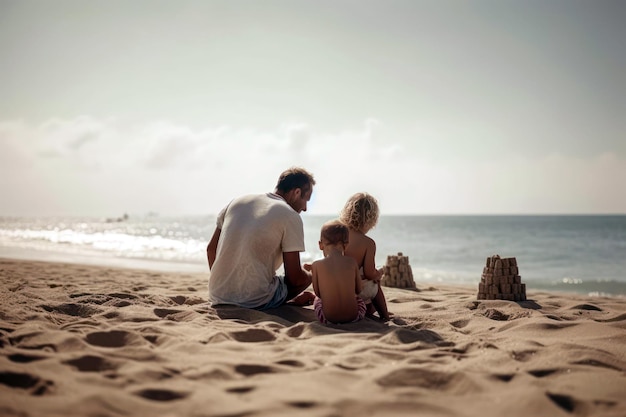 Día del padre Padre con su hijo pequeño jugando en una playa de arena junto al mar vacaciones de verano