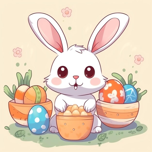 Foto día de pascua con dibujos animados lindo conejo feliz sosteniendo colorido huevo o roca riendo decoración de pascua