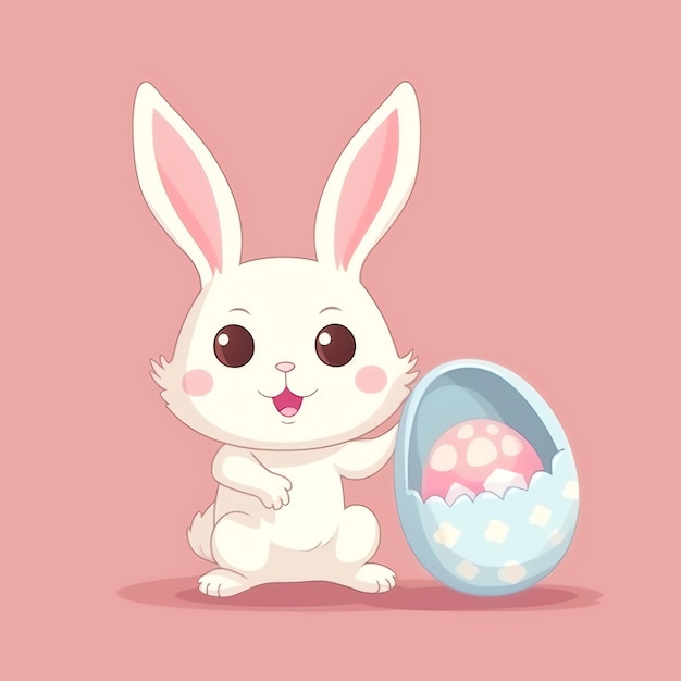 Foto día de pascua con un lindo conejito feliz de dibujos animados sosteniendo un huevo colorido o un ramo riendo decoración de pascua