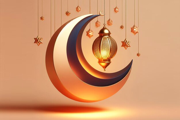 Día de Ramadán media luna con forma abstracta en 3D y luz colgante linterna de Ramadan