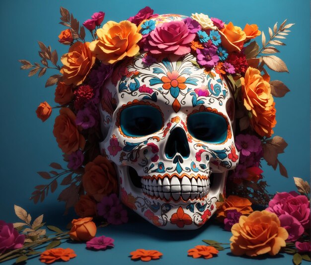 Dia renderizado em 3D do crânio morto cercado por flores vibrantes no fundo azul