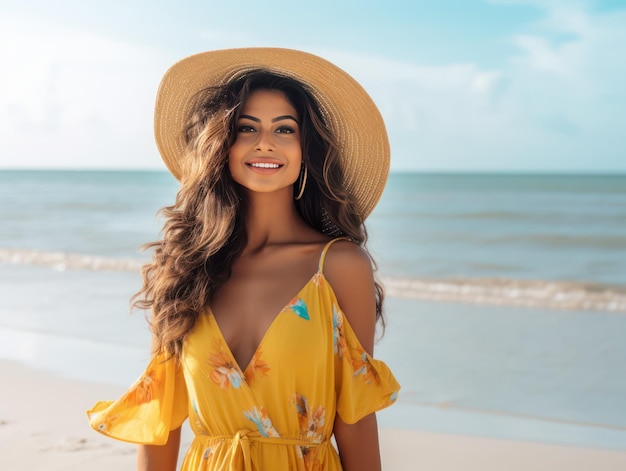 Día de ropa de playa informal realizado por una influencer india junto al mar que captura la esencia relajada