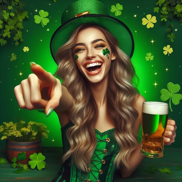 El día de San Patricio, el duende se ríe, la modelo señala la mano, el fondo está decorado con trébol.