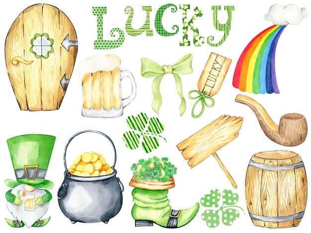 El día de San Patricio es un juego de clipart dibujado a mano con trébol, trébol, enano, taza de cerveza arco iris, pipa de fumar.