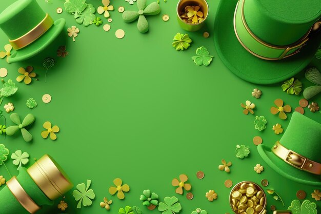 Día de San Patricio fondo verde con olla de trébol de monedas de oro sombrero de duende verde y caballos