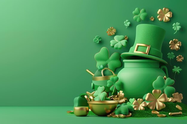 Día de San Patricio fondo verde con olla de trébol de monedas de oro sombrero de duende verde y caballos