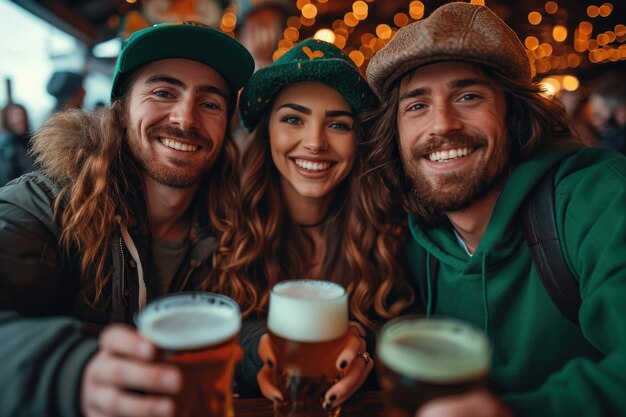 En el día de San Patricio un grupo de personas con varios tonos de verde en el bar