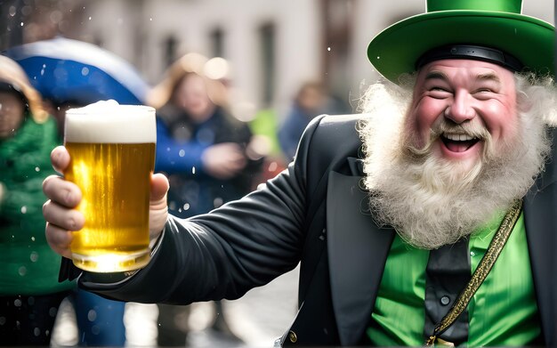 Día de San Patricio Hombre barbudo con sombreros de hombre verde celebra el Día de San Patricio Fiesta del Día de San Patricio Sombrero de hombre verde o sombreros de copa Sombrero verde con trébol San Patricio divirtiéndose Irlanda tradicional