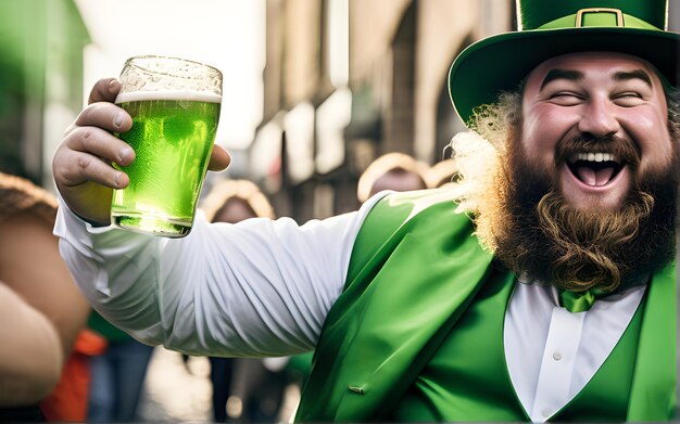 Día de San Patricio Hombre barbudo con sombreros de hombre verde celebra el Día de San Patricio Fiesta del Día de San Patricio Sombrero de hombre verde o sombreros de copa Sombrero verde con trébol San Patricio divirtiéndose Irlanda tradicional