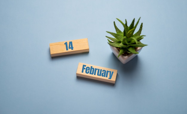 Día de San Valentín 14 de febrero en bloques de madera en azul.