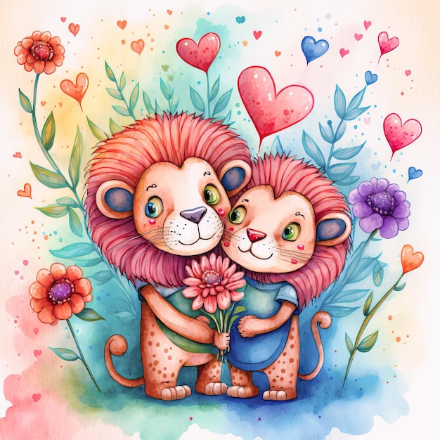 Día de San Valentín Acuarela animales flores y corazones amor pareja AI generativa