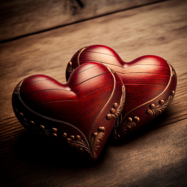 Día de San Valentín Amor boda banner tarjeta de felicitación dos corazones rojos sobre fondo de madera