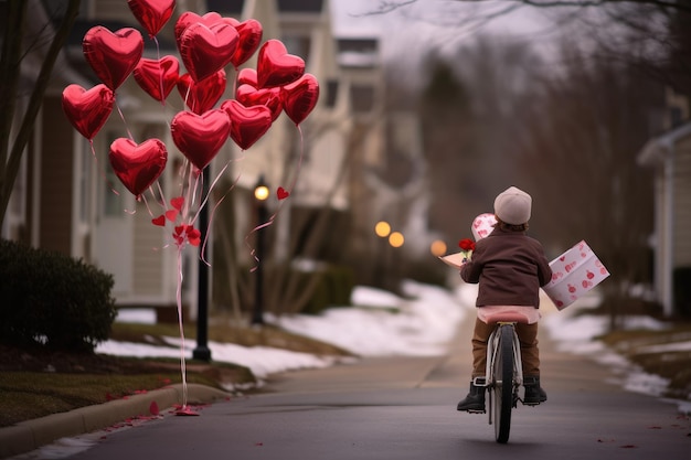 Día de San Valentín amor y gente concepto niño pequeño montando una bicicleta con globos rojos en forma de corazón un niño entregando tarjetas hechas a mano de Día de San Valentine generada por IA