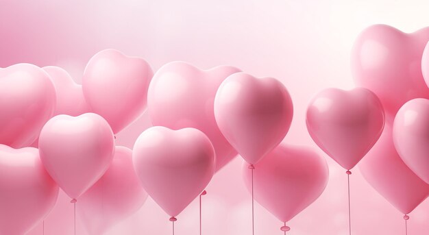 Día de San Valentín y Aniversario Escena de fiesta en 3D Fondo rosado con globos en forma de corazón en salmón rosado y espacio de copia blanco