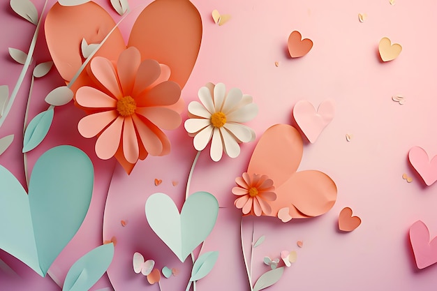 Día de San Valentín, arte de papel, flores y corazones.