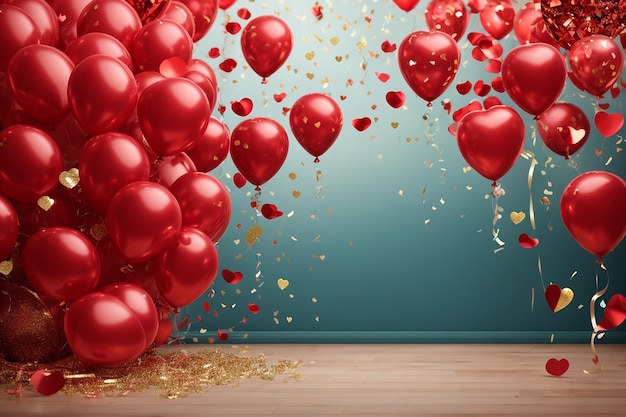 Foto día de san valentín balones rojos vuelan helio alrededor y forma corazones fondo con balones 3d realistas festivos con cinta diseño de celebración con balón oro brillantes confeti ilustración vectorial