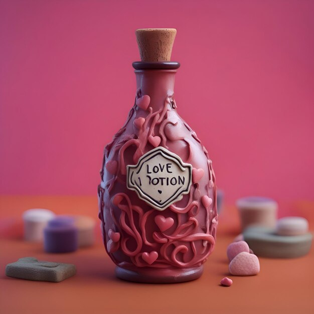 Día de San Valentín Una botella con un mensaje en forma de corazón sobre un fondo rosa