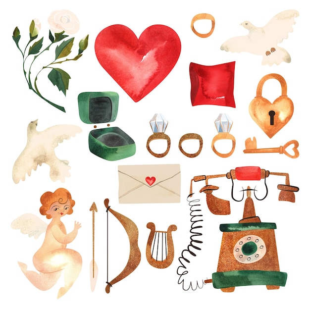 El día de San Valentín clip art conjunto en estilo vintage palomas de Cupido letras corazón anticuado anillos de teléfono anillo