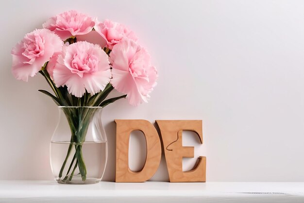 Día de San Valentín y concepto de amor Flor de clavel rosa en jarrón con letras de madera que forman la palabra AMOR escrita sobre fondo blanco