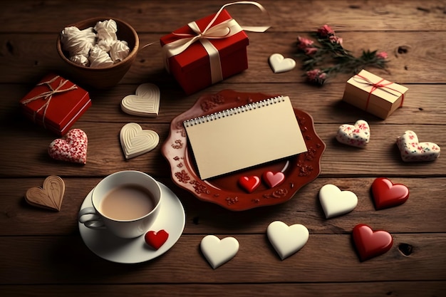 Día de San Valentín, corazón de amor, romance, carta de amor, regalos, concepto, representación 3d