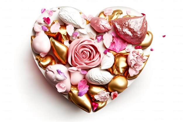 Día de San Valentín corazón de caramelo con pétalos de rosa aislado sobre fondo blanco creado con ai generativo