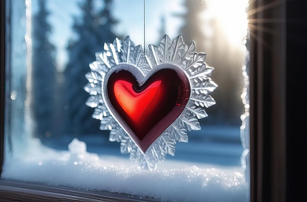 Día de San Valentín corazón rojo en ventana congelada con bosque en el fondo Banner perfecto para el Día de San Valentín