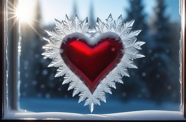 Día de San Valentín corazón rojo en ventana congelada con bosque en el fondo Banner perfecto para el Día de San Valentín