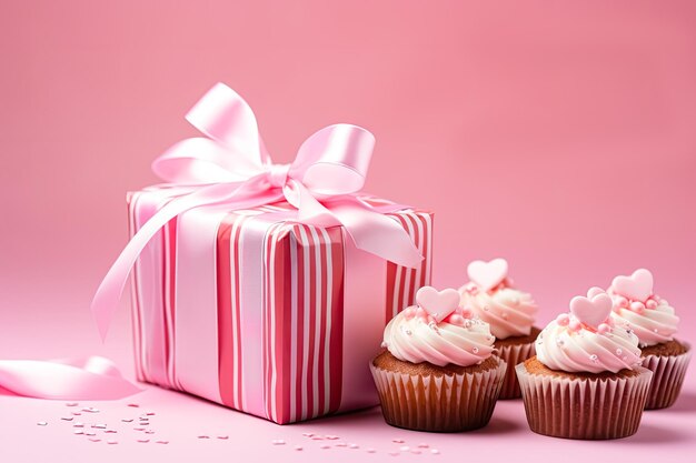 Día de San Valentín Deliciosos pasteles con corazones en un fondo rosa regalo y felicitaciones por el Día de San Valentín