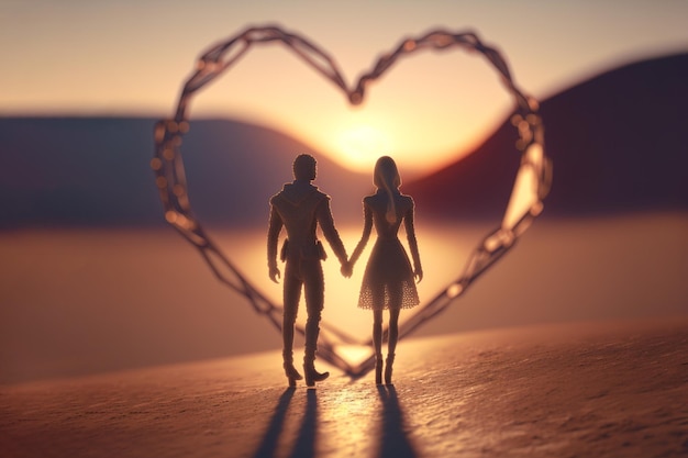 Día de san valentín dos personas enamoradas mirando corazones en la imagen de arte del cielo