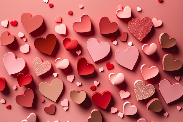 Día de San Valentín endecha plana Corazones rosas y rojos con estilo Illustrator AI Generative