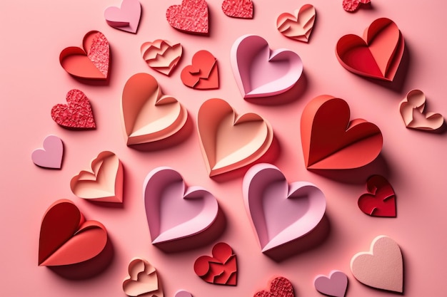 Día de San Valentín endecha plana Corazones rosas y rojos con estilo Illustrator AI Generative