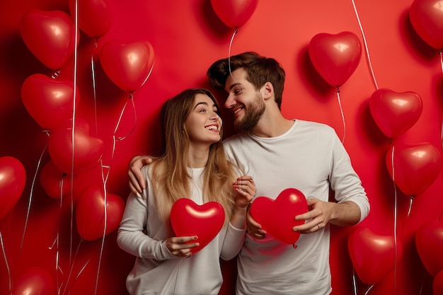 Día de San Valentín feliz pareja con globos en forma de corazón