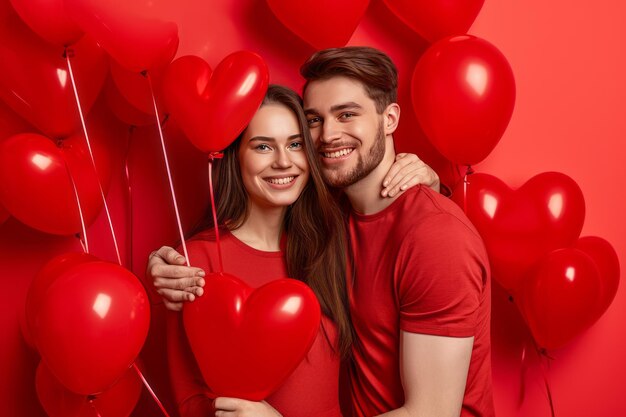 Día de San Valentín Feliz pareja con globos en forma de corazón