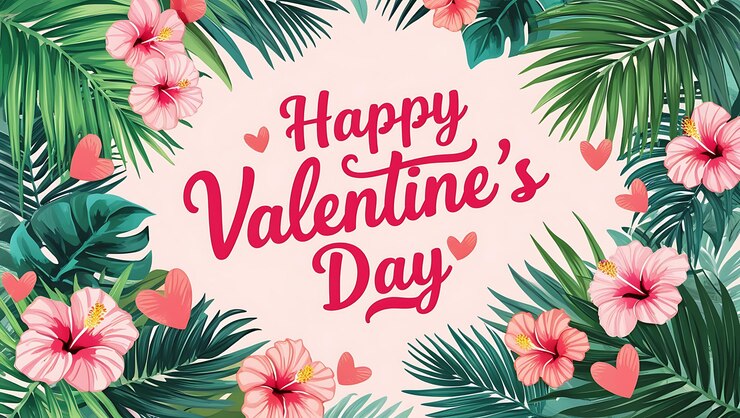 El día de San Valentín Flores de fondo Flores Corazones hibiscus de colores tropicales