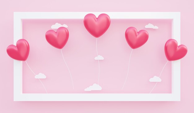 Día de San Valentín, fondo del concepto de amor, ilustración 3D de globos en forma de corazón rojo flotando fuera del marco con nube de papel