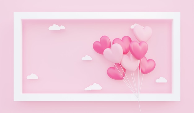 Día de San Valentín, fondo del concepto de amor, ilustración 3D de un ramo de globos en forma de corazón rosa flotando en el marco con una nube de papel